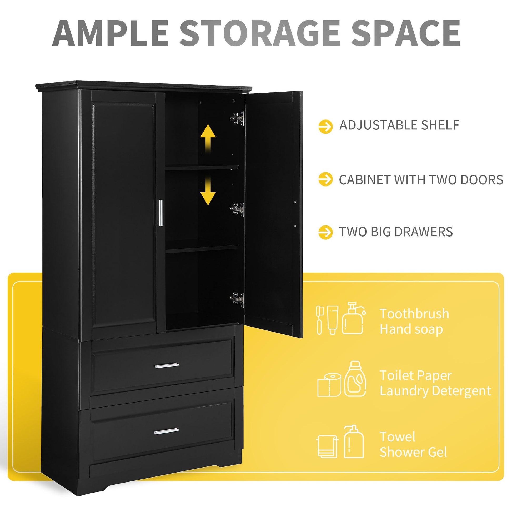 Tall Bathroom Storage Cabinet, Cabinet with Two Doors and Drawers, Adjustable Shelf, MDF Board, Black - Korvel