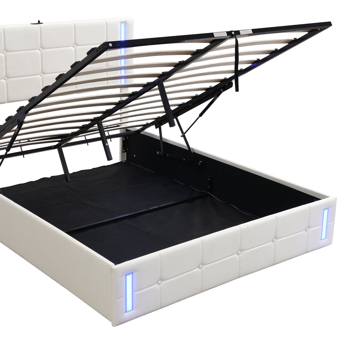 Queen Size Upholstered Bed with LED Lights Hydraulic Storage System and USB Charging Station White - Korvel