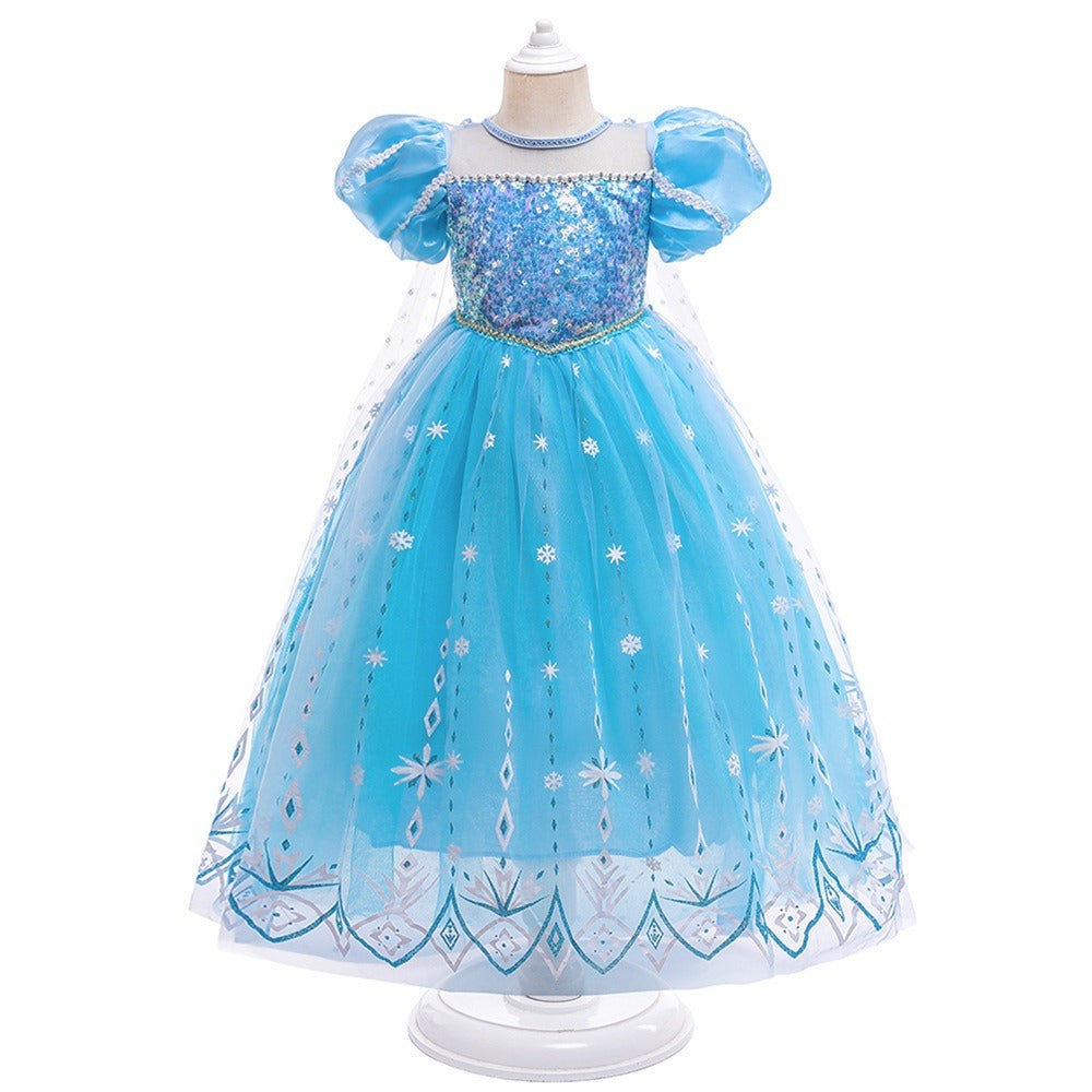 Frozen 2 Elsa Princess Dress Purple Bubble Sleeves Pearl Mesh Girls' Cosplay Dress Performance Dress - Korvel