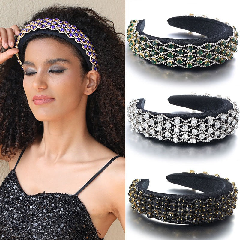 Full inlaid rhinestone fashionable wide edged solid color sponge head hoop - Korvel