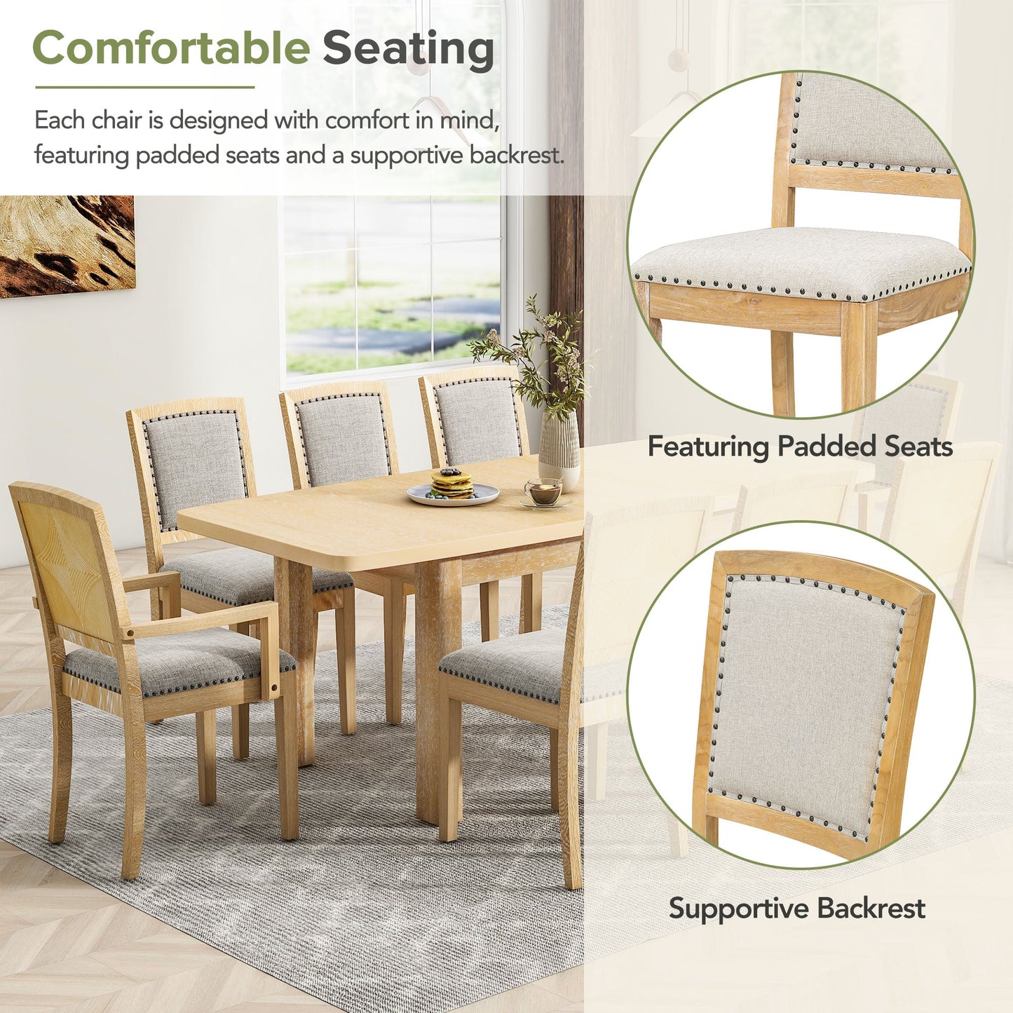 TOPMAX expandable 84 inch dining table set with 24 inch detachable leaves, 6 armless chairs and 2 armchairs  9 pieces natural - Korvel