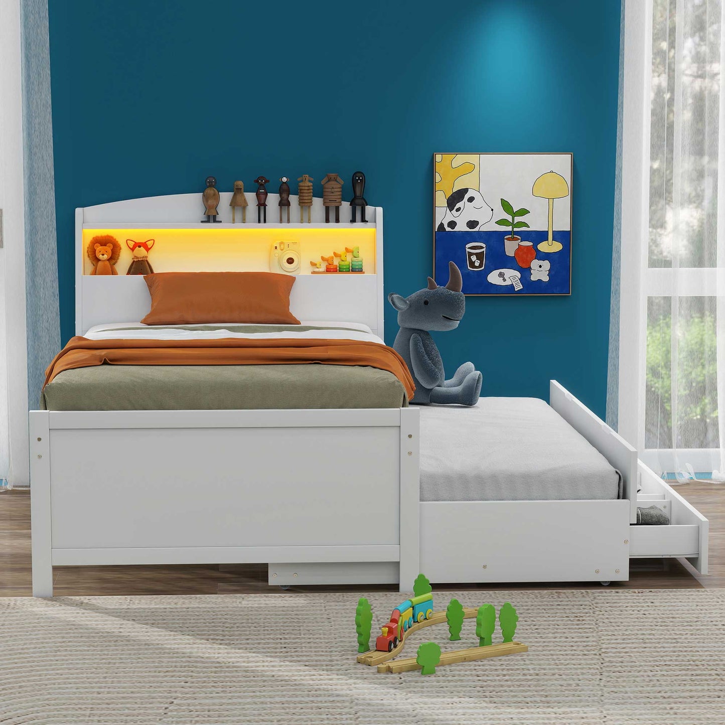 Cama Plataforma Elegante de Tamaño Twin con Almacenamiento y Cabecera LED