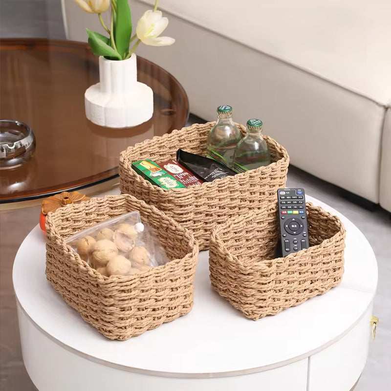 Bacs de rangement tressés en paille faits main - 3 pièces