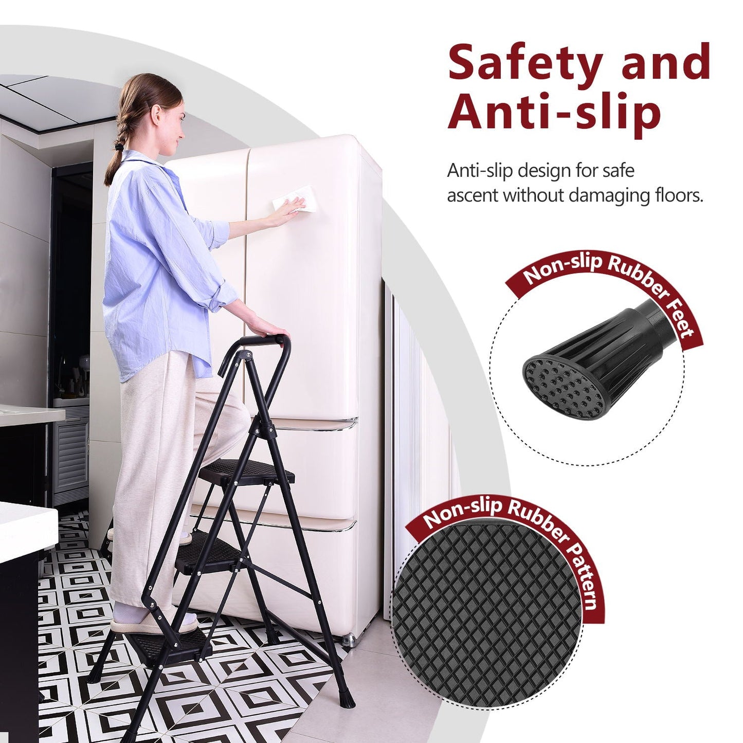 Four step ladder, lightweight folding four step stool, wide anti slip pedal and safety handle, sturdy steel ladder - Korvel