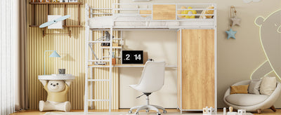 Twin Size Loft Bed with L-Shape Desk and Wardrobe - White