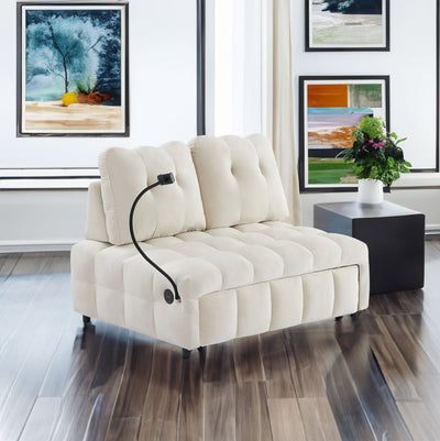 Beige Velvet Modern Sofa with Pull-Out Bed and USB Port