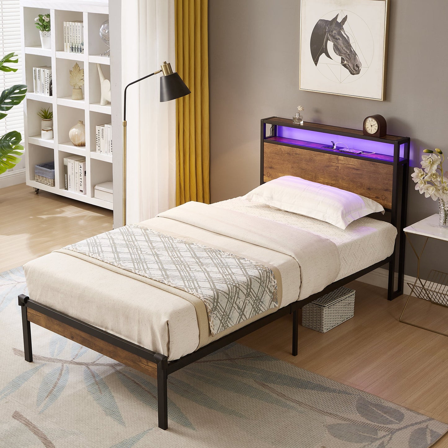 Dual size metal platform bed frame with wooden headboard and footrest, USB LINER, LED lights - Korvel