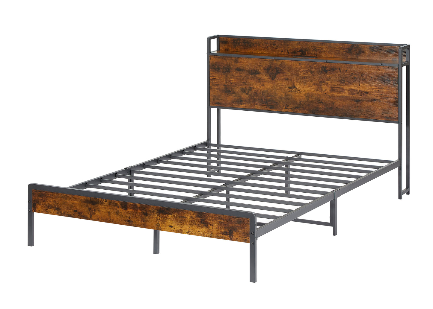 Bed frame with charging station full size, Rustic Brown, 83.1'' L x 56.1'' W x 39'' H - Korvel