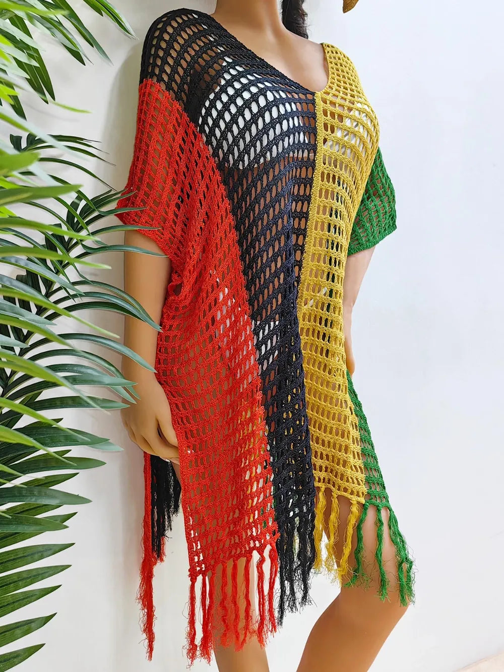 Fringe Color Block Scoop Neck Cover Up - Korvel