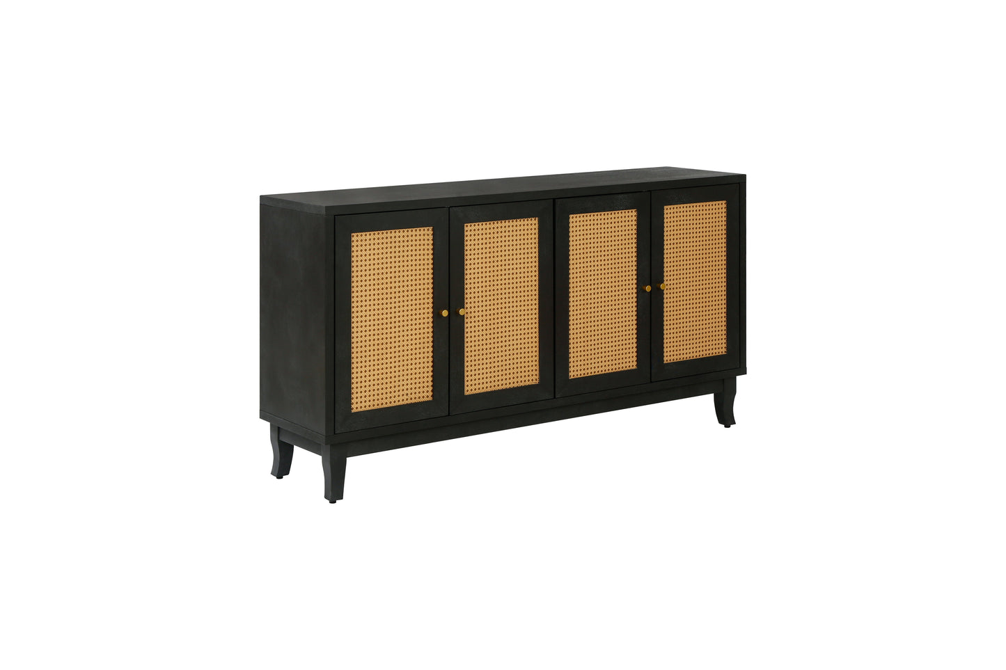 Handcrafted Premium Grain Panels Rattan Sideboard Buffer Cabinet Accent Storage Cabinet With 4 Rattan Doors BLACK - Korvel