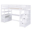 Twin Size Loft Bed with Desk and Shelves  Two Built-in Drawers  Storage Staircase White - Korvel