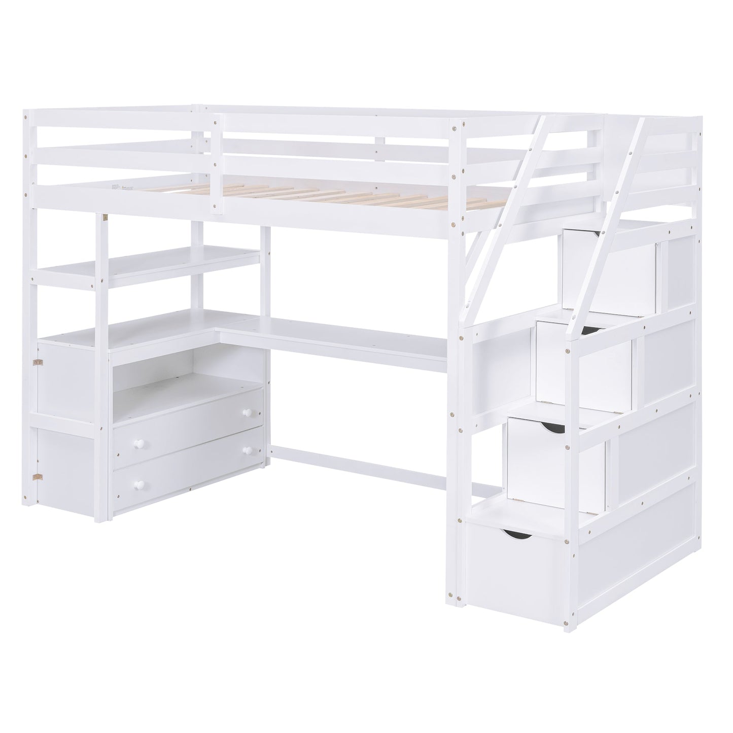 Twin Size Loft Bed with Desk and Shelves  Two Built-in Drawers  Storage Staircase White - Korvel