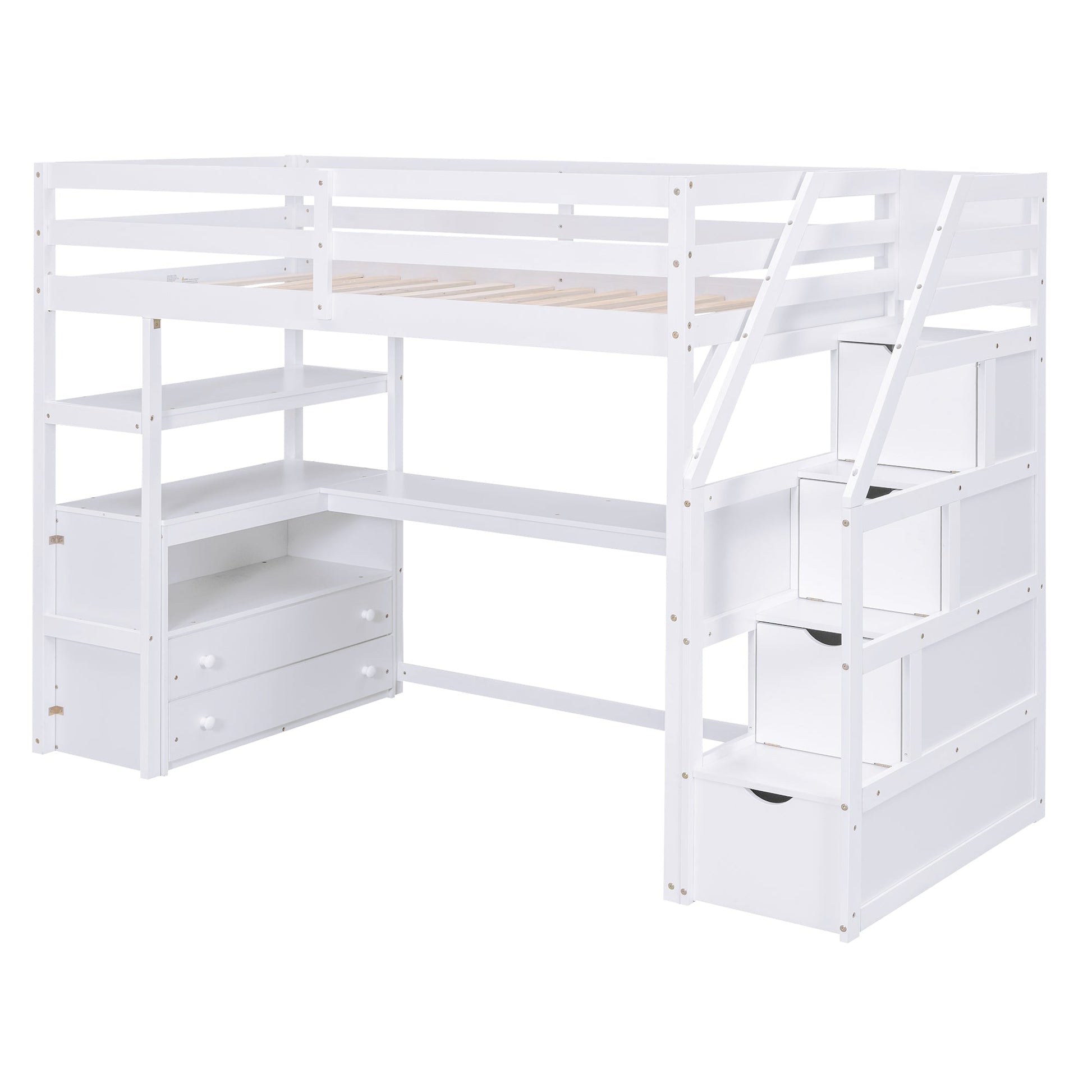 Twin Size Loft Bed with Desk and Shelves  Two Built-in Drawers  Storage Staircase White - Korvel