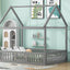 Full Size Wood House Bed with Fence and Door, Gray - Korvel