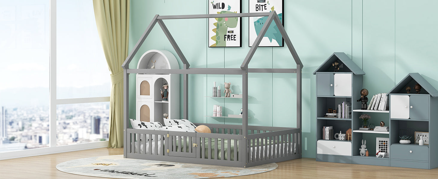 Full Size Wood House Bed with Fence and Door, Gray - Korvel
