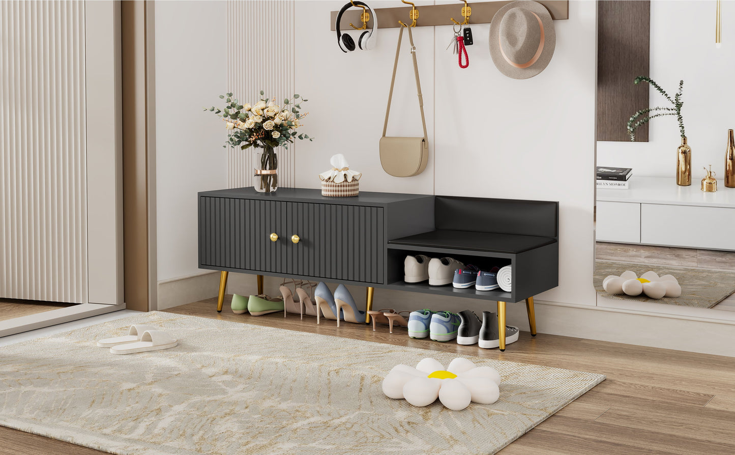 Modern Shoe Storage Bench with Hidden Storage and Upholstered Cushions for Bedside, Living Room and Entryway (Gray) - Korvel