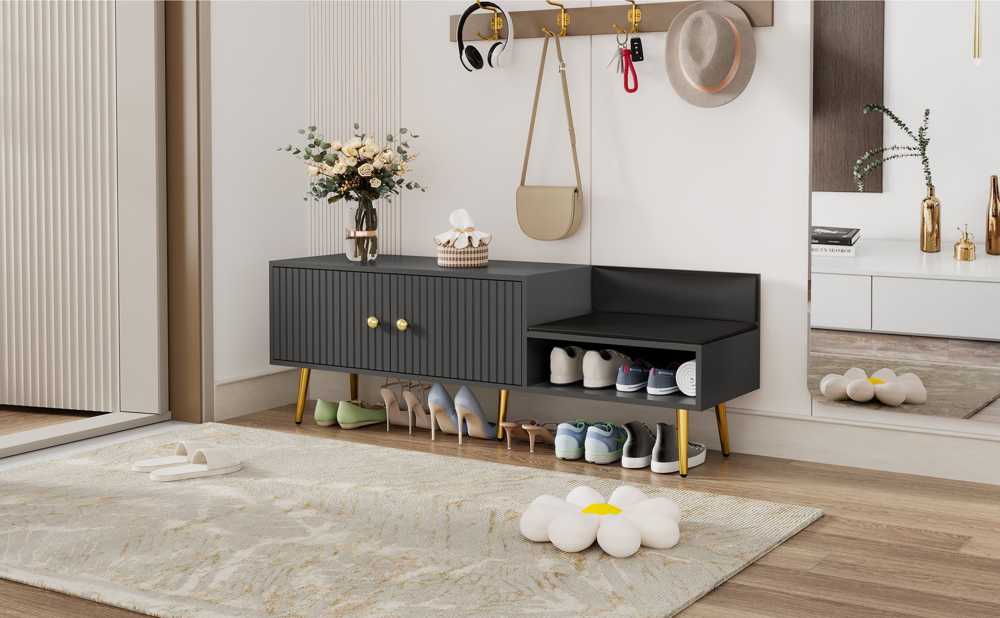 Modern Shoe Storage Bench with Hidden Storage and Upholstered Cushions for Bedside, Living Room and Entryway (Gray) - Korvel