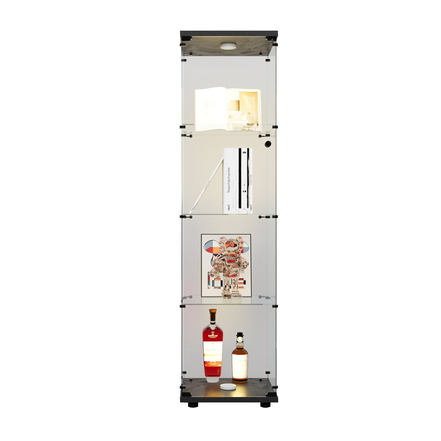 Cabinet d'affichage en verre LED élégant avec 4 étagères - Noir