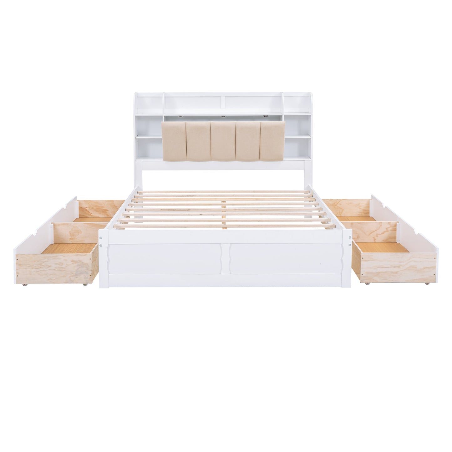 Wood Queen Size Platform Bed with Storage Headboard  Shelves and 4 Drawers  White - Korvel