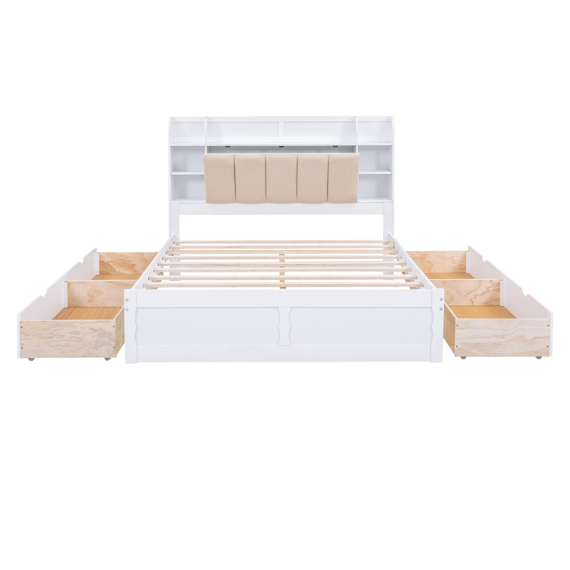 Wood Queen Size Platform Bed with Storage Headboard  Shelves and 4 Drawers  White - Korvel