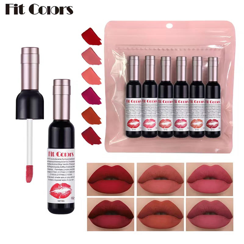 Set de Brillo de Labios Mate Fit Colors Botella de Vino Rojo - 6 Pcs