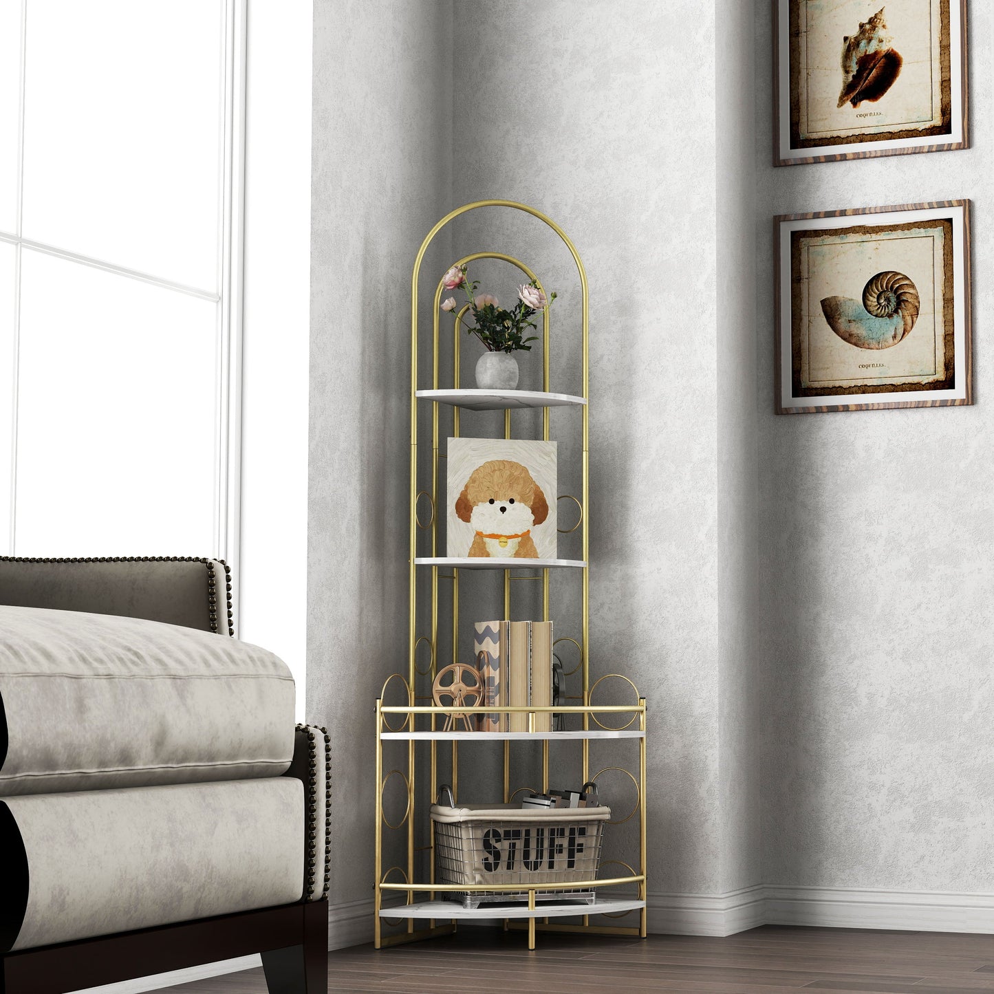Gold 4-Tier Corner Bookshelf, Modern Style, Plant Stand with Metal Frame - Korvel