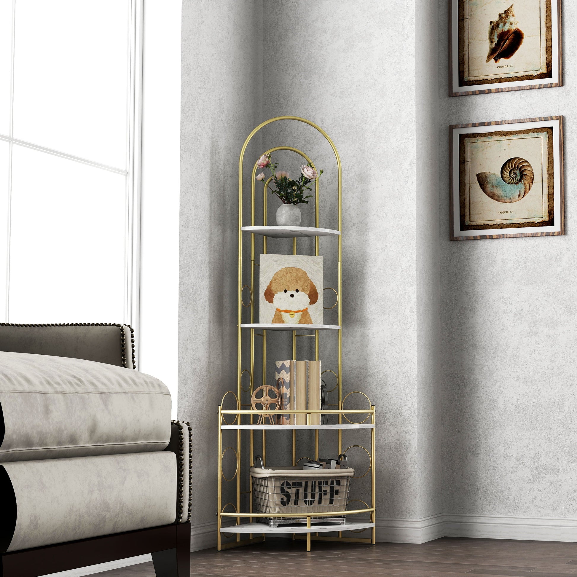 Gold 4-Tier Corner Bookshelf, Modern Style, Plant Stand with Metal Frame - Korvel