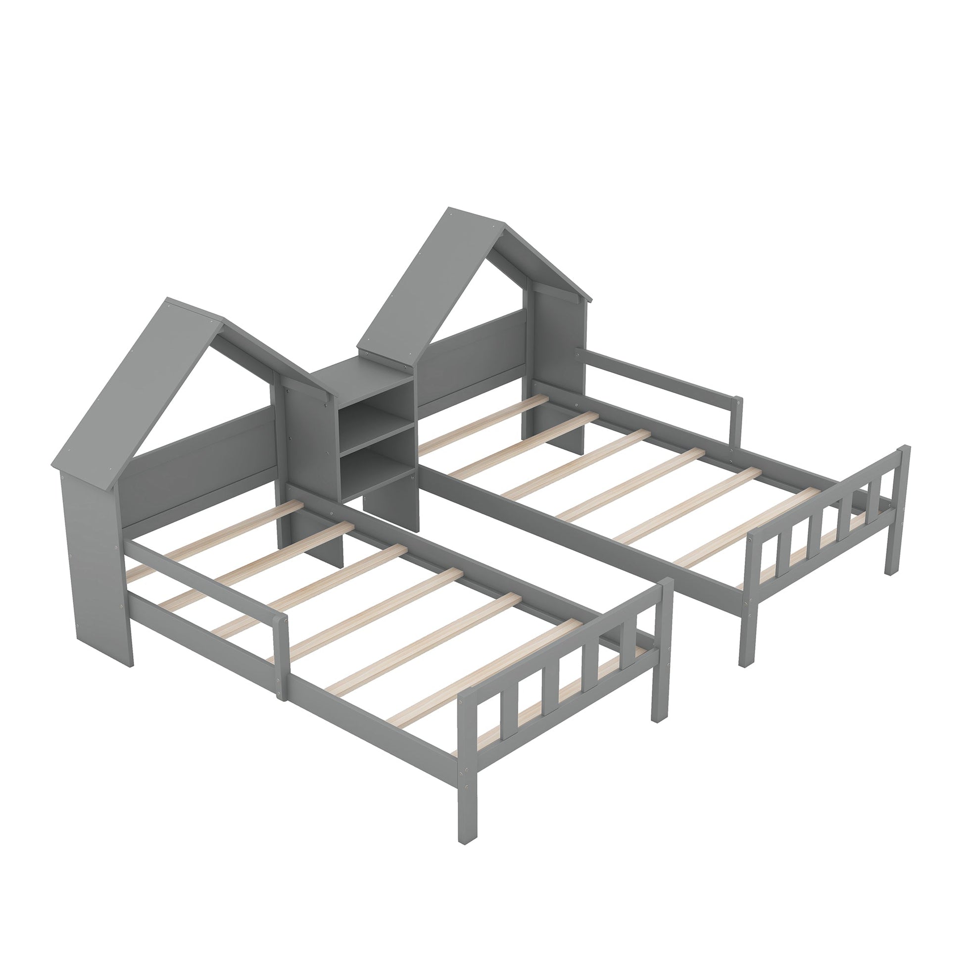 Double Twin Size Platform Bed with House-shaped Headboard and a Built-in Nightstand  Grey - Korvel