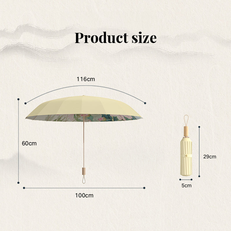 16-rib color rubber & gold aluminum alloy frame: new Chinese retro folding umbrella with sun protection and UV resistance. - Korvel