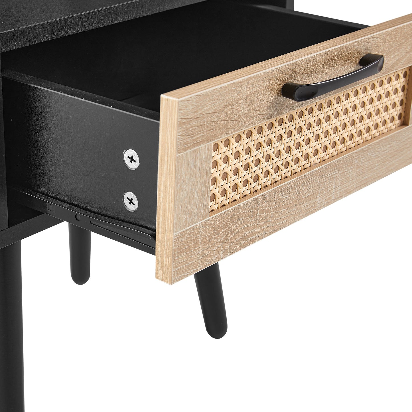 15.75" Rattan End table with drawer and solid wood legs Modern nightstand side table for living room black - Korvel