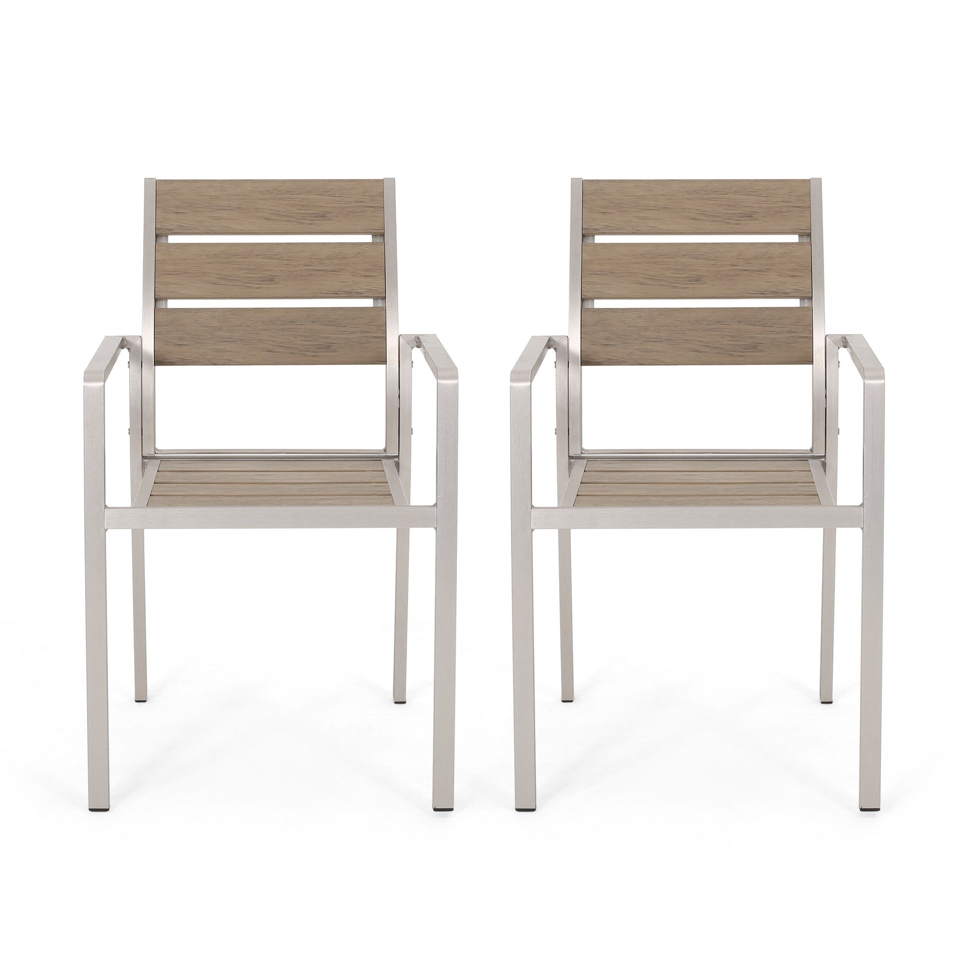 Outdoor Modern Aluminum Dining Chair with Faux Wood Seat (Set of 2), Natural and Silver - Korvel