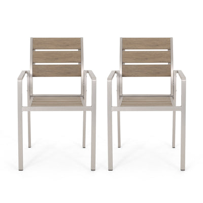 Outdoor Modern Aluminum Dining Chair with Faux Wood Seat (Set of 2), Natural and Silver - Korvel