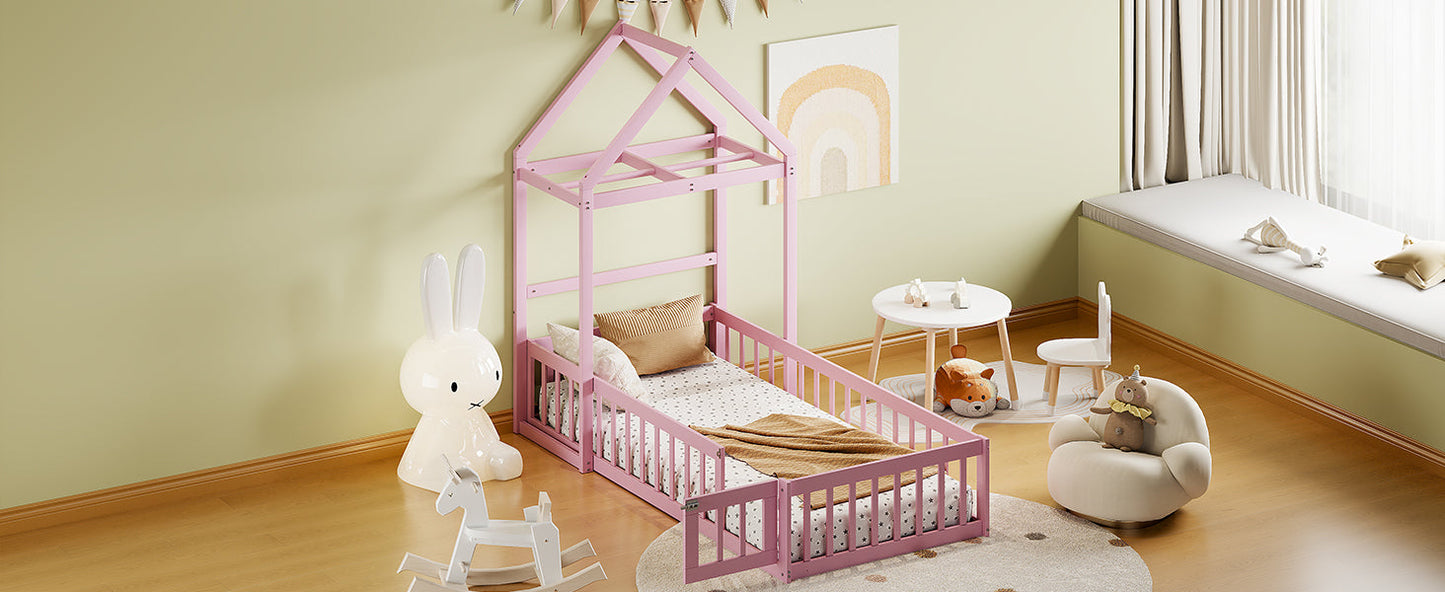 Wooden Twin Size Children's Bed with Detachable Headboard, Pink