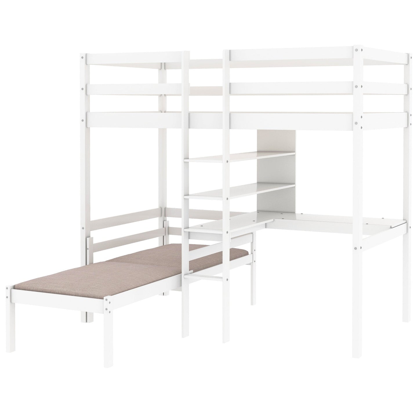 Convertible Loft Bed with L-Shape Desk, Twin Bunk Bed with Shelves and Ladder White - Korvel