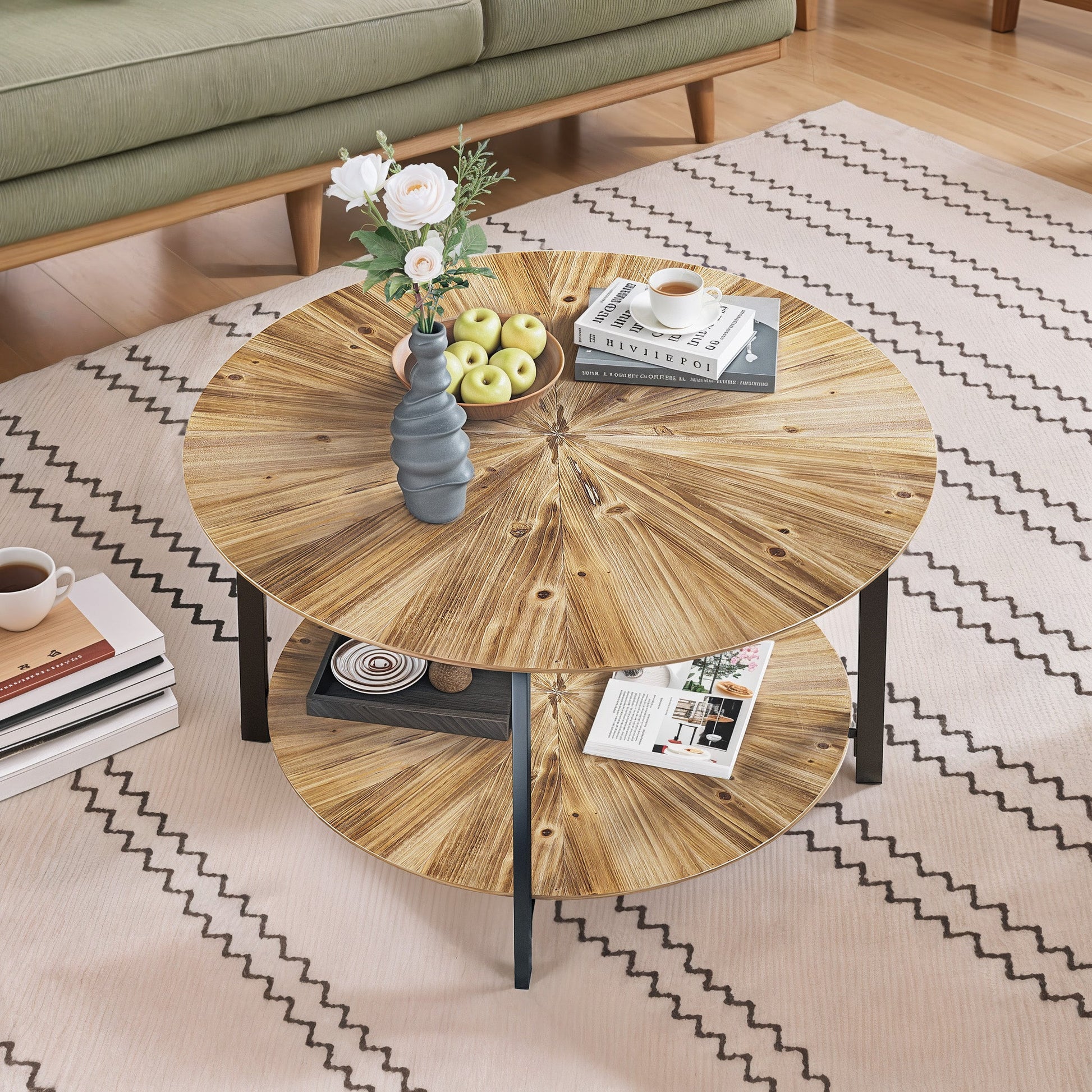 31.5 "Round Coffee Table Stand Wooden Double Layer Coffee Table with Open Storage Space and Metal Table Legs - Korvel