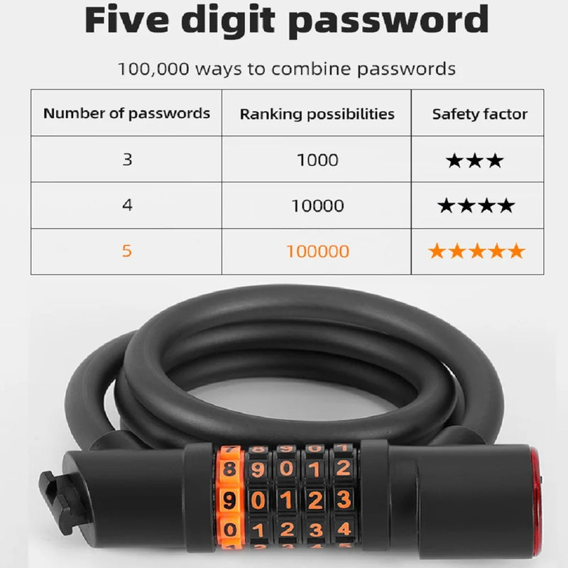 1.2M/1.8M Bike Lock Anti-theft 5 Digit Combination Password Security Lock With LED Light MTB Road Bike Steel Cable Bicycle Lock - Korvel