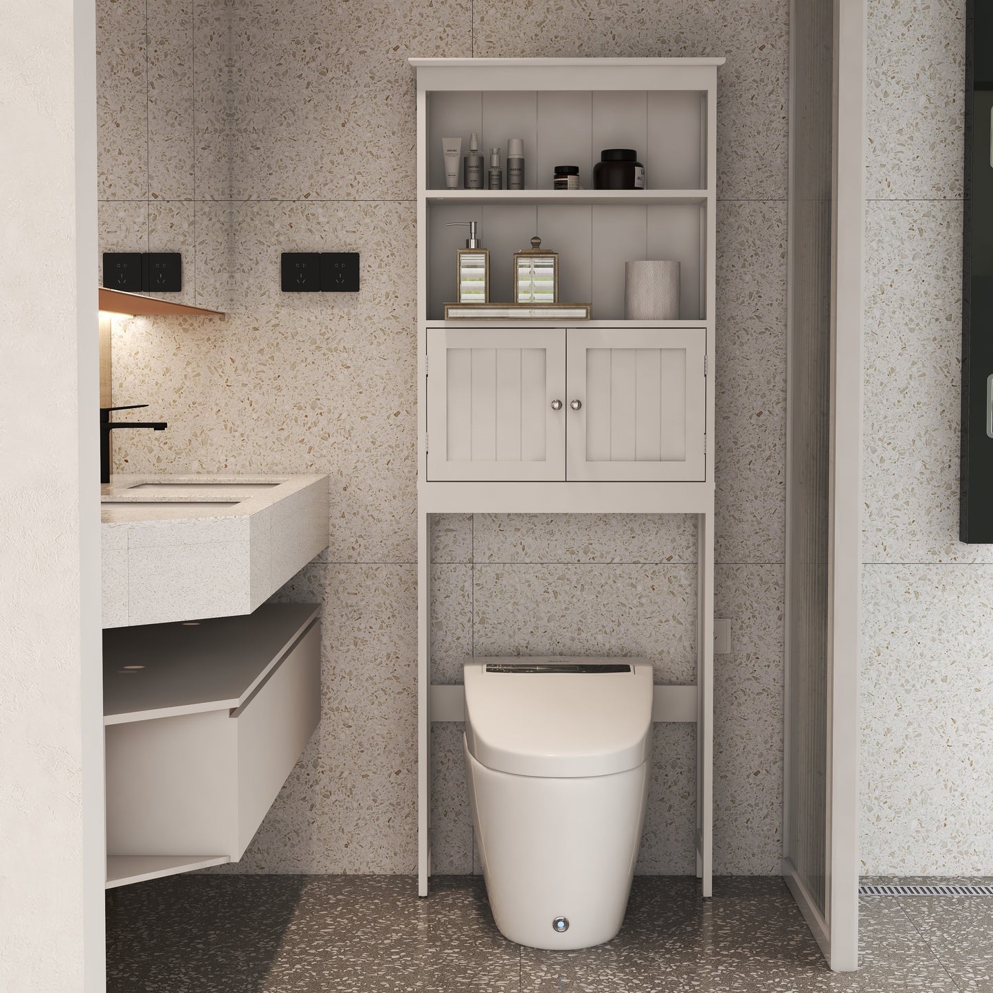 Over The Toilet Rack 2 -Tier Toilet Bathroom Spacesaver Storage Shelf with 2 Doors Wood Storage Organizer Cabinet - Korvel
