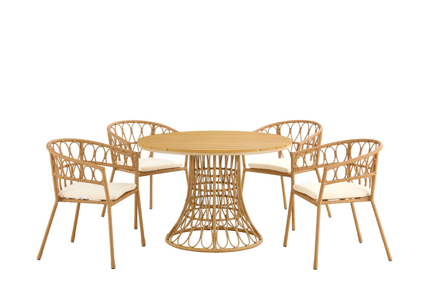 Outdoor dining set of 5 simple bamboo dinning table  PE ratten round table 110CM plastic wood top - Korvel