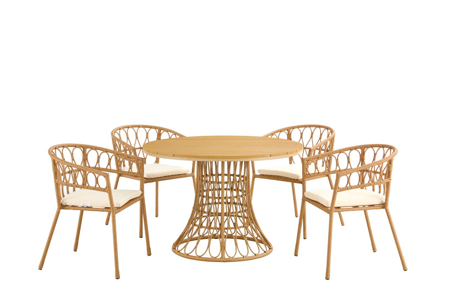 Outdoor dining set of 5 simple bamboo dinning table  PE ratten round table 110CM plastic wood top - Korvel