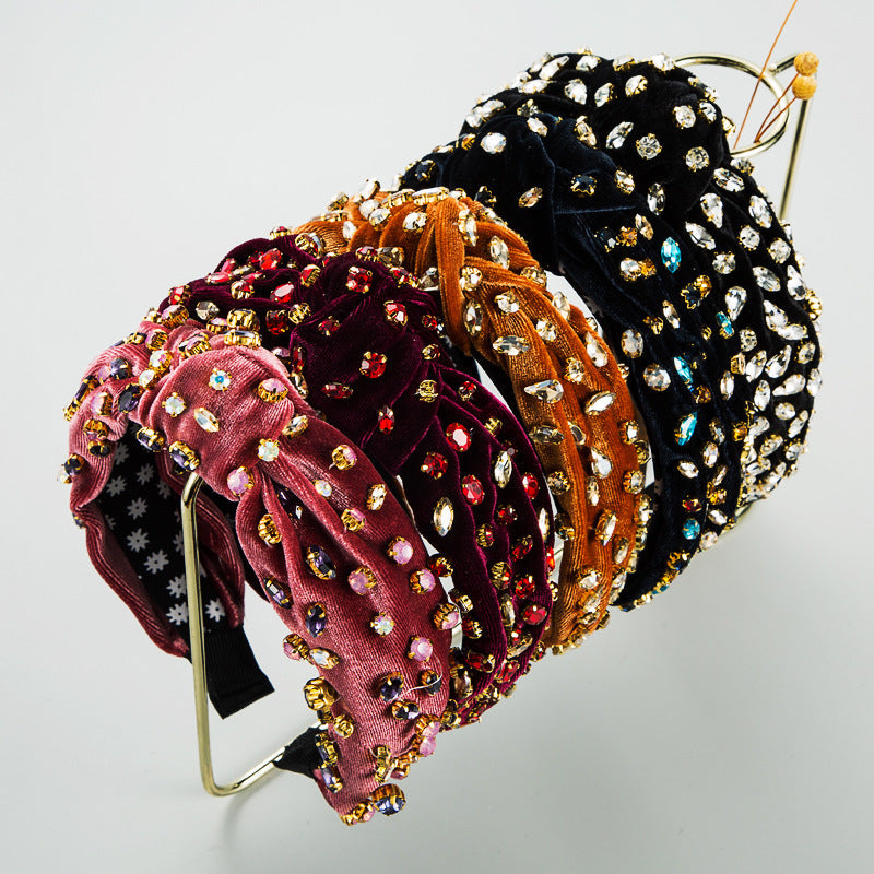 Exaggerated Fashion Hair Bands Female Corduroy Temperament Sweet Hair Ornaments Wide Side Knotted With Diamonds Headband - Korvel