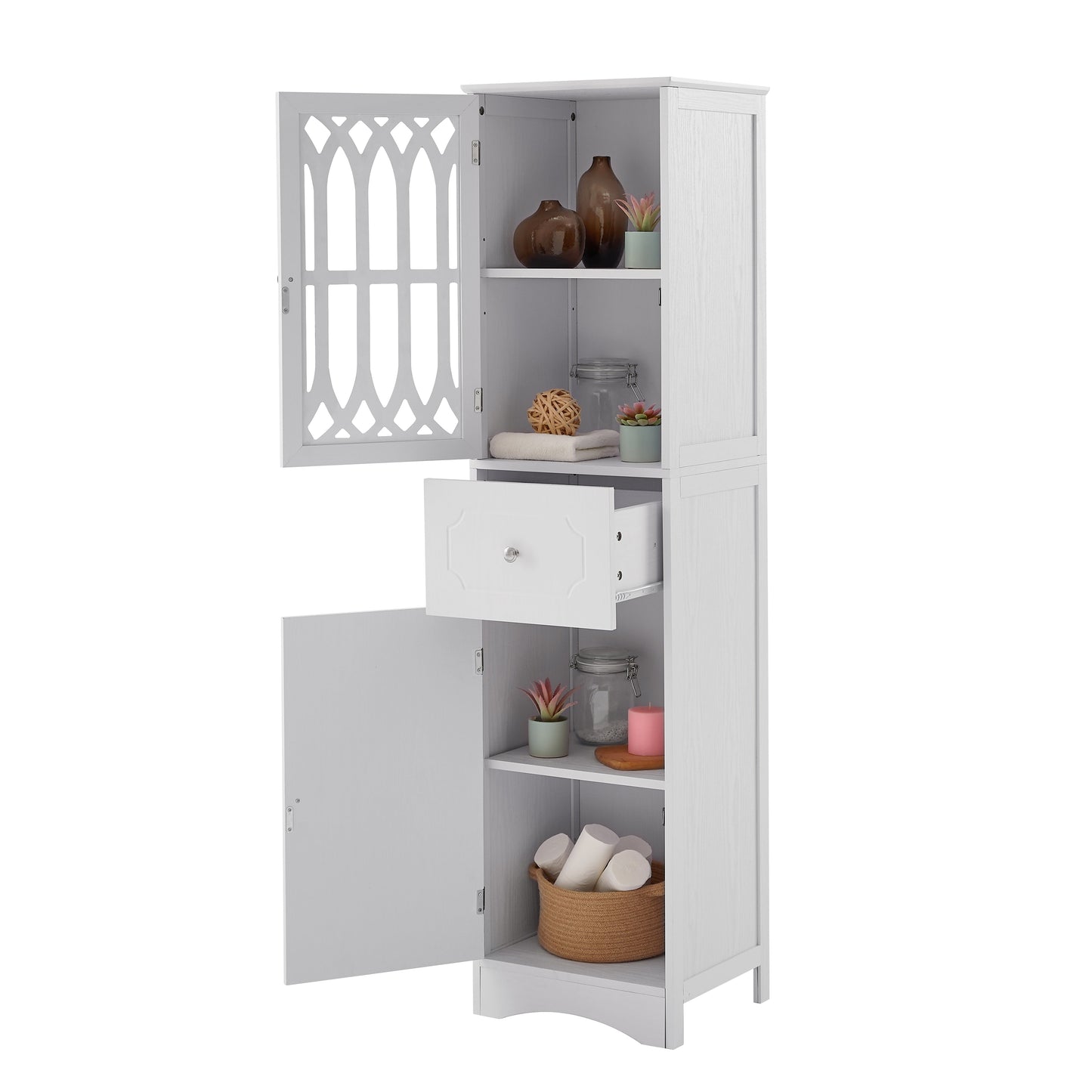 Elegant Tall Bathroom Cabinet with Adjustable Shelf - White