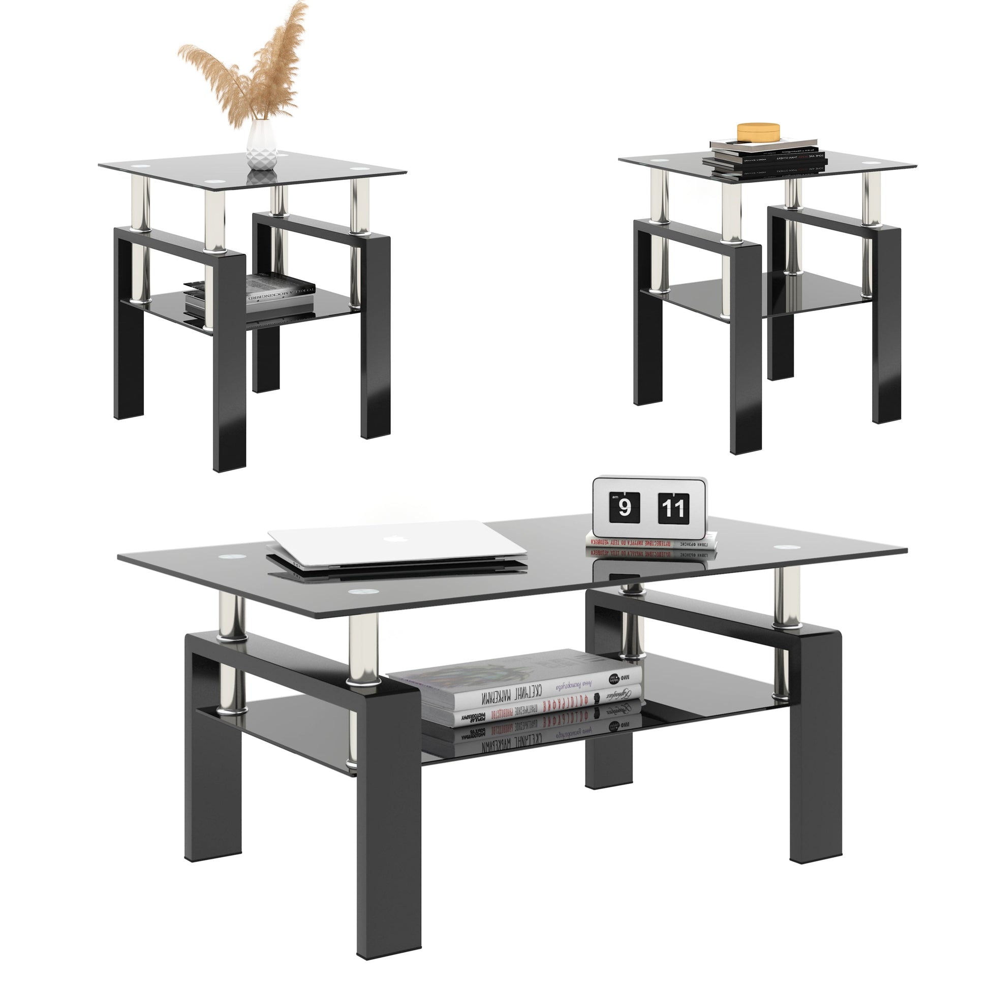 Set of 2, Modern Tempered Glass Tea Table Coffee Table End Table, Square Table for Living Room, Black - Korvel