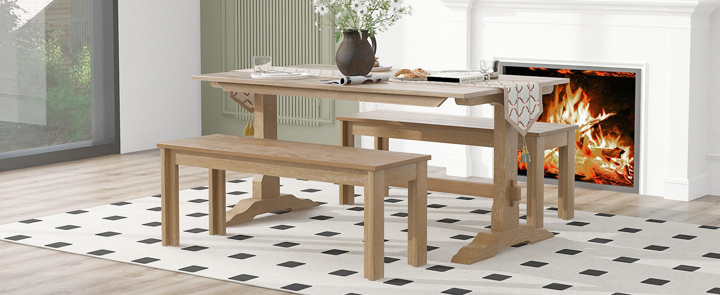 TREXM 3-piece retro dining table, rectangular stand table, and 2 4-person wooden stools (made of natural wood) - Korvel