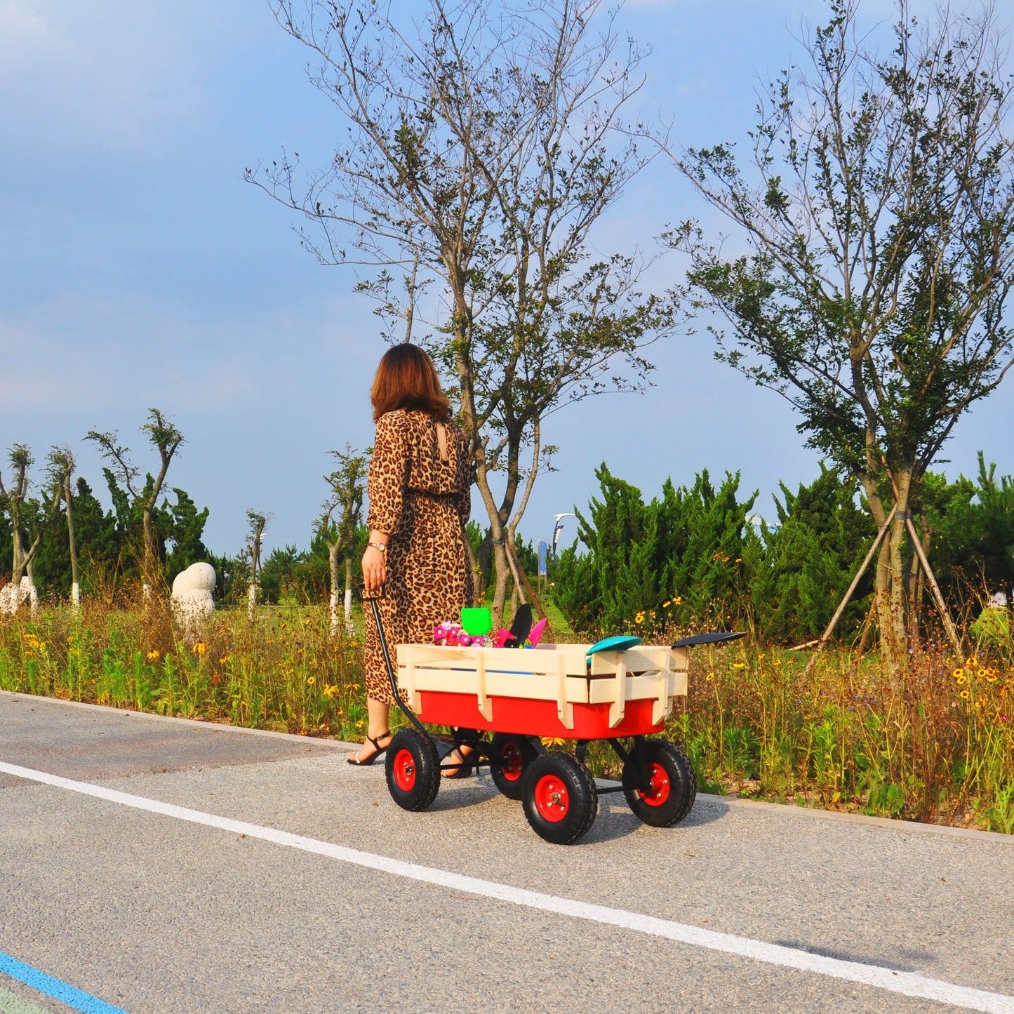 Outdoor Wagon All Terrain Pulling w/Wood Railing Air Tires Children Kid Garden（Red） - Korvel