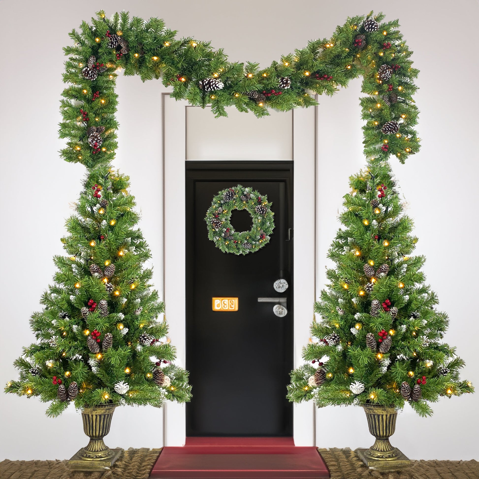 Christmas Tree Artificial Christmas 4-piece Set, including flower wreath, flower wreath, and 2 entrance trees, with LED lights - Korvel