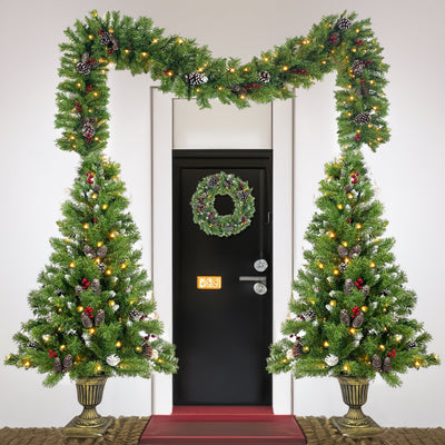 Christmas Tree Artificial Christmas 4-piece Set, including flower wreath, flower wreath, and 2 entrance trees, with LED lights - Korvel