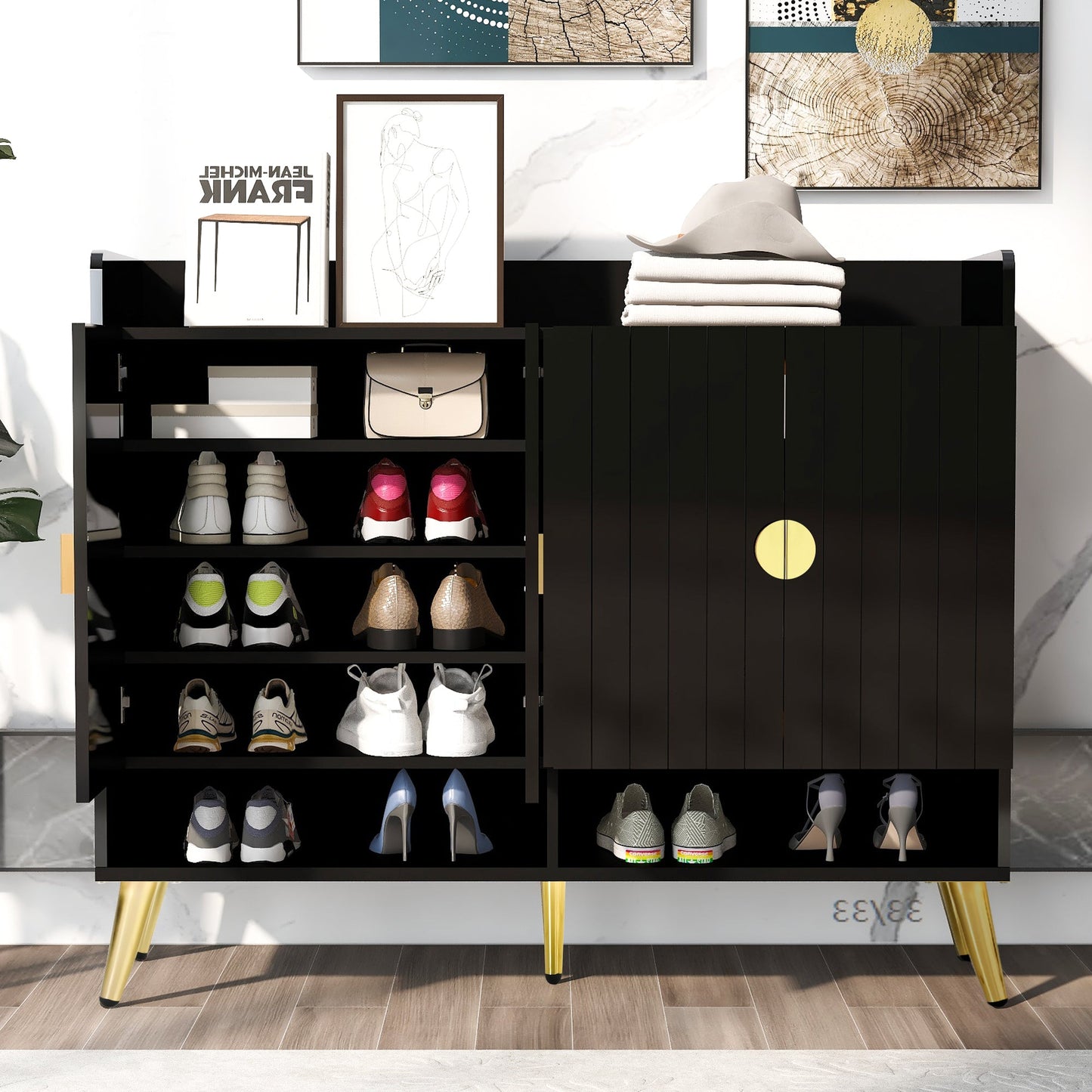 U-Can Modern Wooden Shoe Cabinet with Doors - 11-Tier Organizer