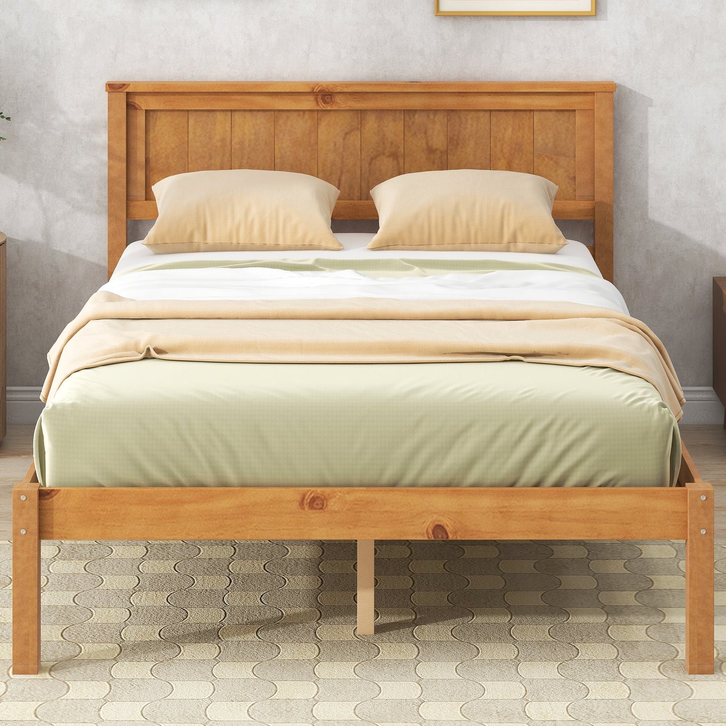 Platform Bed Frame with Headboard, Wood Slat Support No Box Spring Needed Full  Oak - Korvel