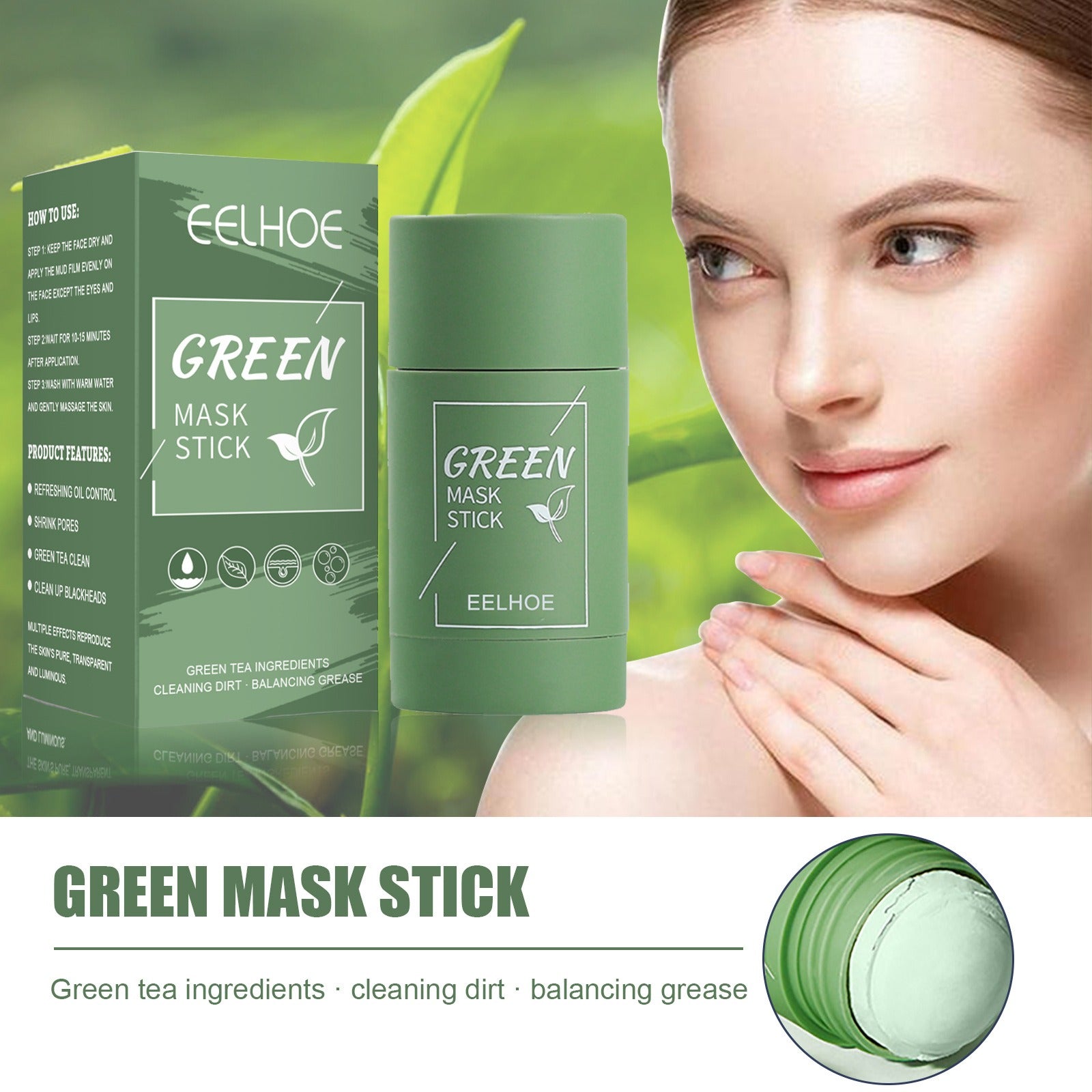 EELHOE Green Tea Solid Mask Deep Cleansing And Hydrating Mask Stick Shrinkage Of Pores Applicator Clay Mask - Korvel