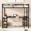 Cama loft de metal negro premium con escritorio y estantes